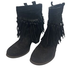 Black Suede Fringe Ankle Boots‎ Leather Upper Size 7.5M Western Style